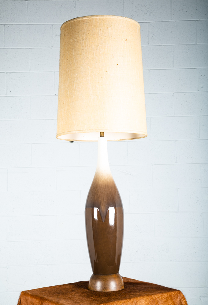 Mid Century Modern Table Lamp Brown White Light Vintage Ceramic Round Tall Wood - Image 9