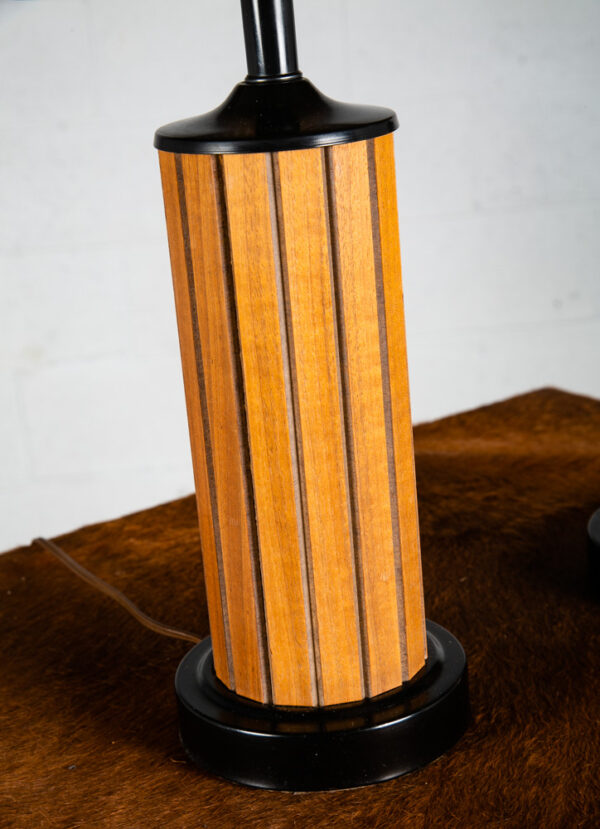 Mid Century Modern Lamp Set Table Light lighting Gruvwood Walnut Cane Shade Pair - Image 5