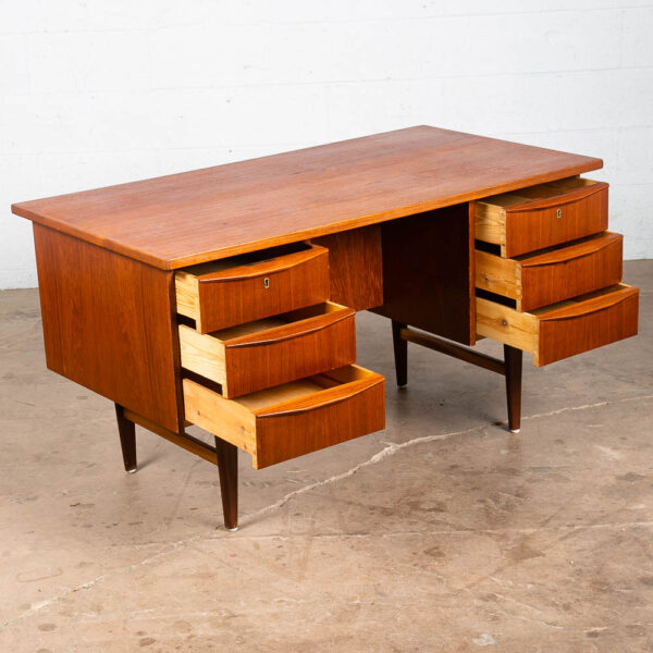 Mid Century Danish Modern Desk Executive Teak 6 Drawer Bookshelf Floating Lock - Image 7