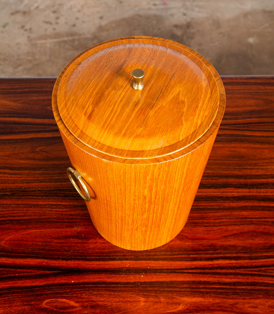 Mid Century Danish Modern Ice Bucket Lidded Teak Rainbow Sweden Liner Round Mcm