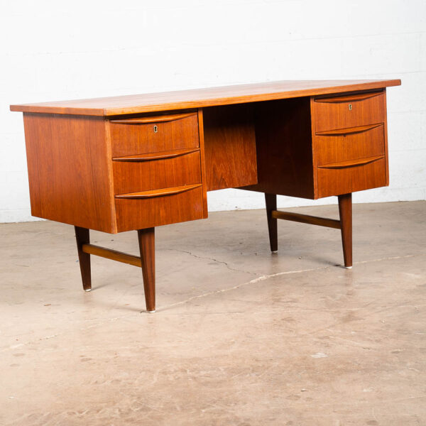 Mid Century Danish Modern Desk Executive Teak 6 Drawer Bookshelf Floating Lock