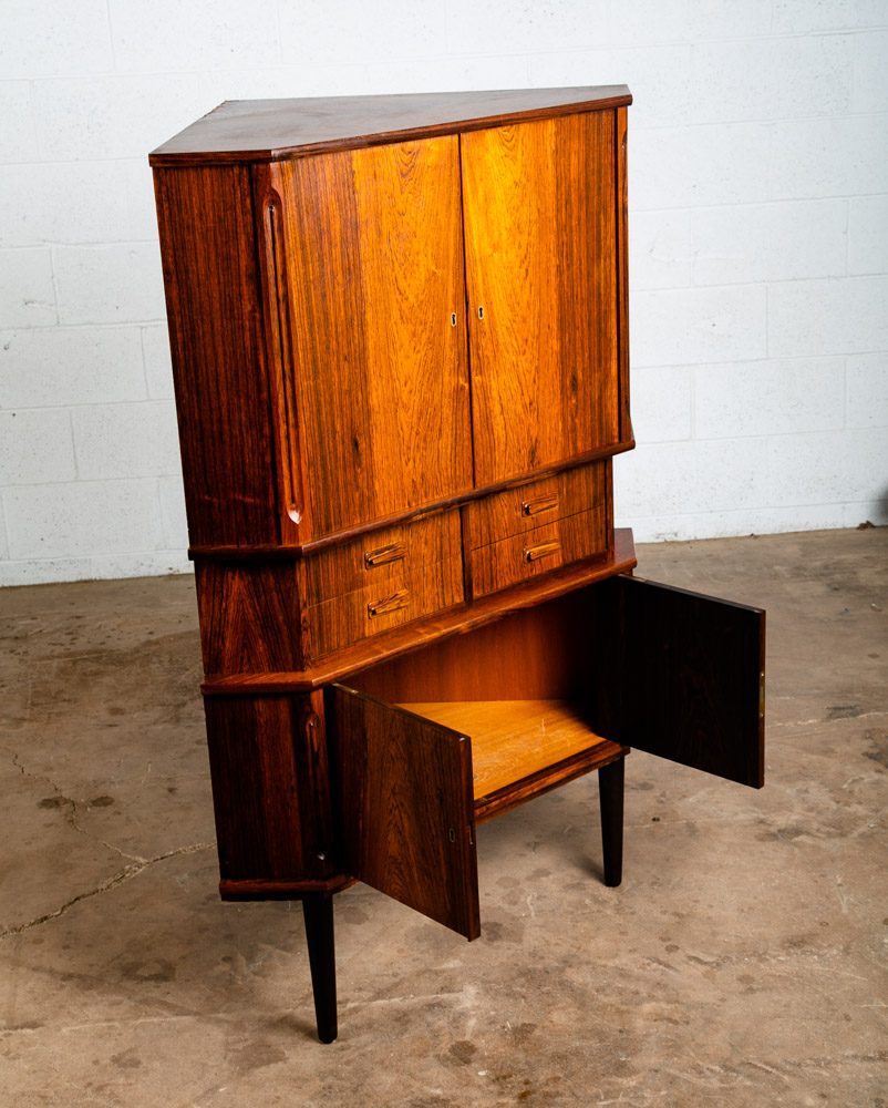 Mid Century Danish Modern Corner Cabinet Rosewood Bar Denmark Drawers Locking VG - Image 6
