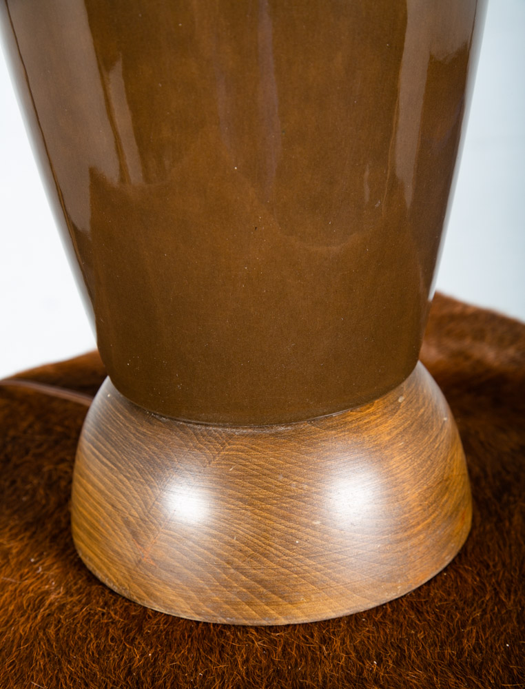 Mid Century Modern Table Lamp Brown White Light Vintage Ceramic Round Tall Wood - Image 6