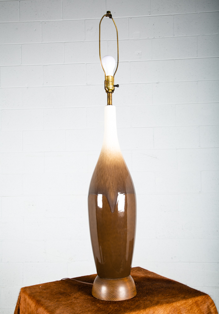 Mid Century Modern Table Lamp Brown White Light Vintage Ceramic Round Tall Wood - Image 2