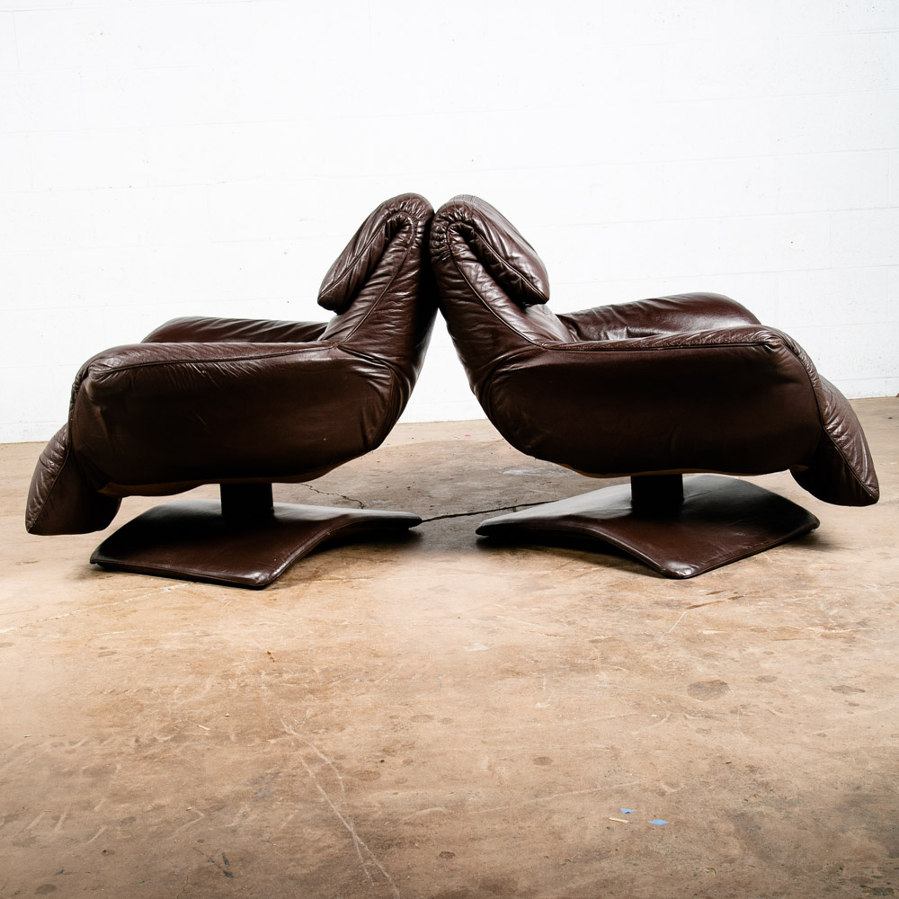 Mid Century Danish Modern Lounge Chair Club Set Swivel Brown Leather Pair Set NM - Image 2