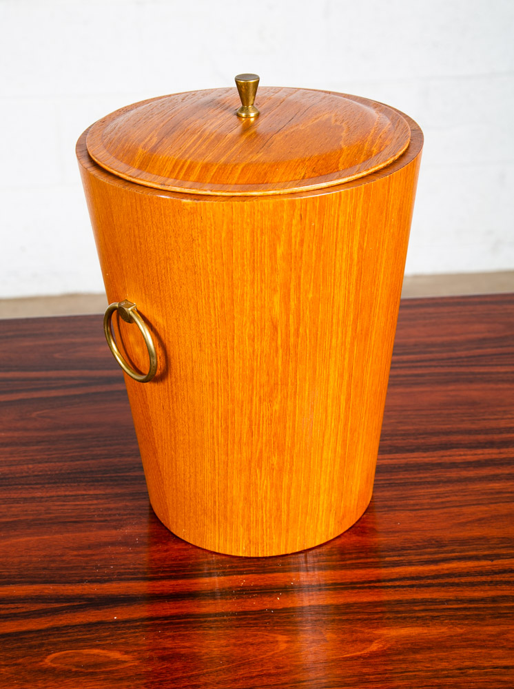Mid Century Danish Modern Ice Bucket Lidded Teak Rainbow Sweden Liner Round Mcm - Image 11