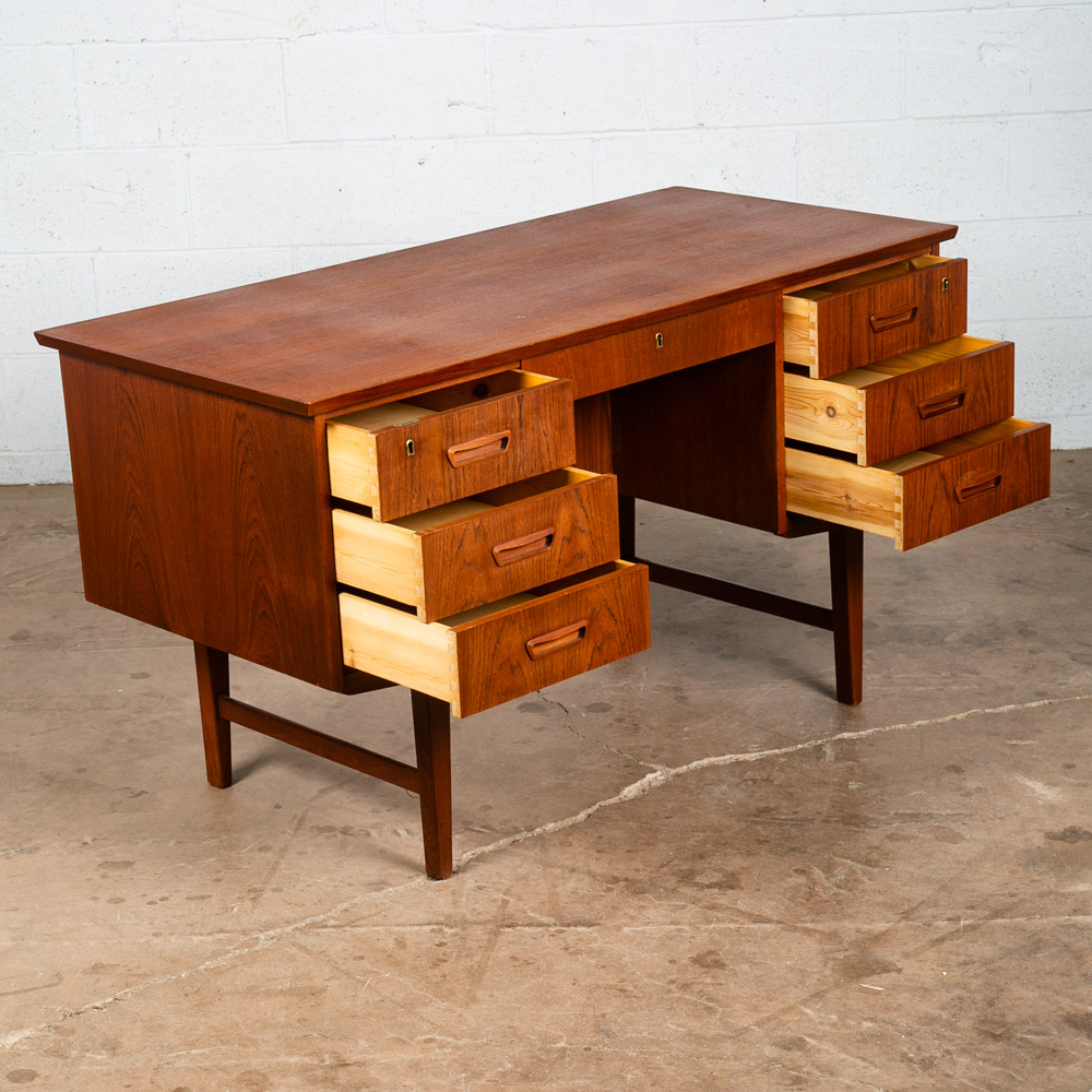 Mid Century Danish Modern Desk Executive Teak 7 Drawer Bookshelf Floating Lock - Image 3