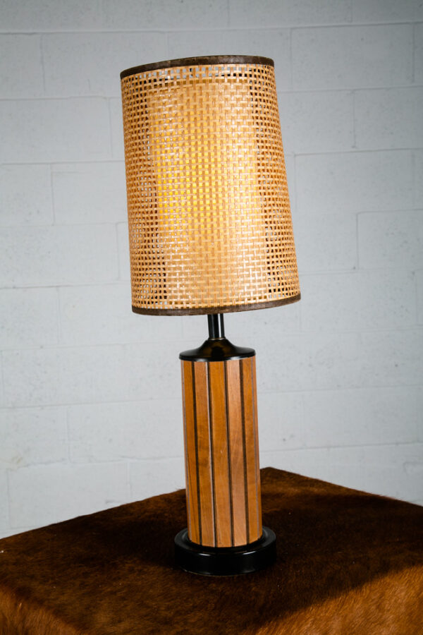 Mid Century Modern Lamp Set Table Light lighting Gruvwood Walnut Cane Shade Pair - Image 8