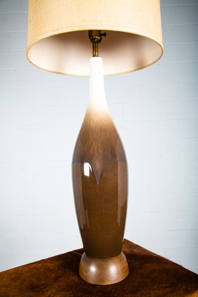 Mid Century Modern Table Lamp Brown White Light Vintage Ceramic Round Tall Wood - Image 7