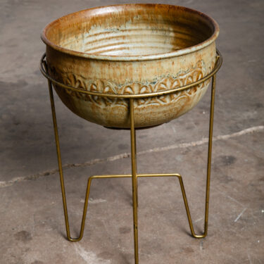 Mid Century Modern Planter Studio Ceramic Round Plant Stand Tan Orange Brass Mcm