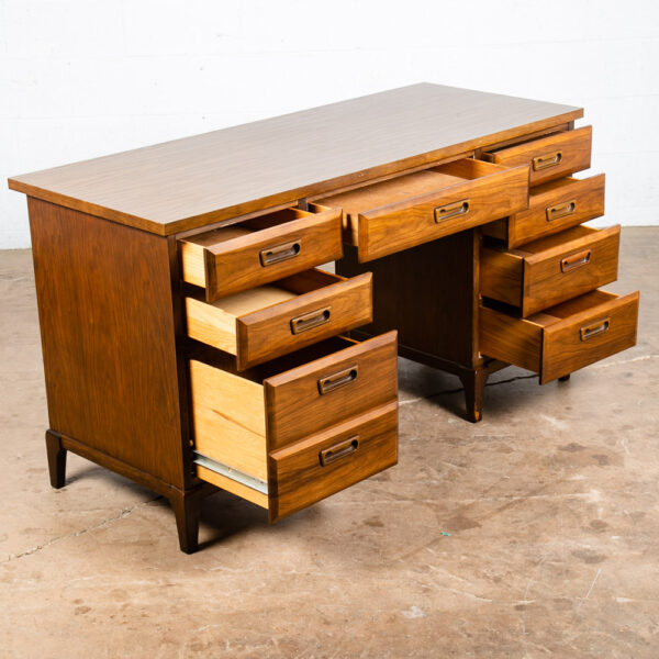 Mid Century Modern Desk Executive Walnut Floating 9 Drawer Office Vintage - Image 3