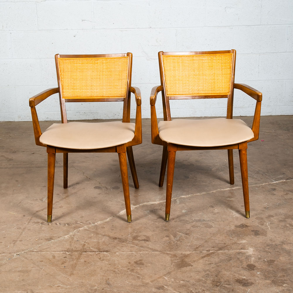 Mid Century Modern Dining Chairs Set Pair Captain Cane Armchairs Side Vintage VG - Image 3