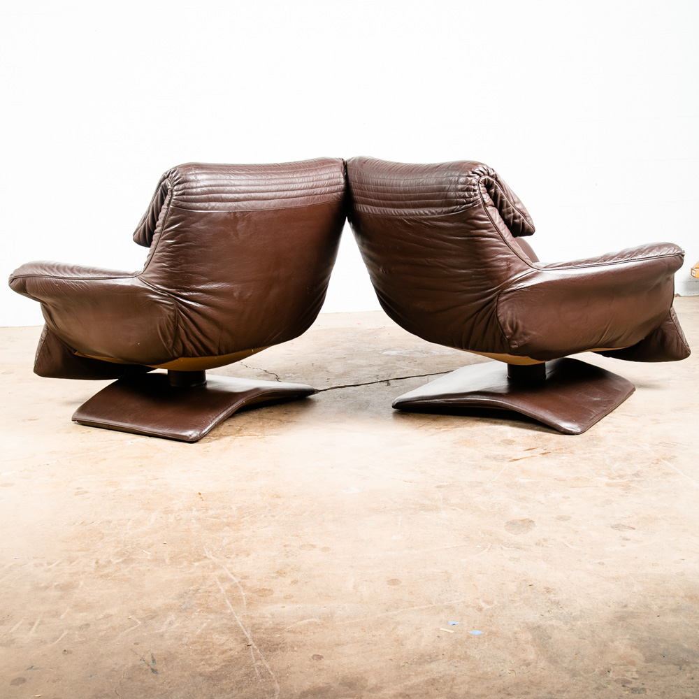 Mid Century Danish Modern Lounge Chair Club Set Swivel Brown Leather Pair Set NM - Image 3