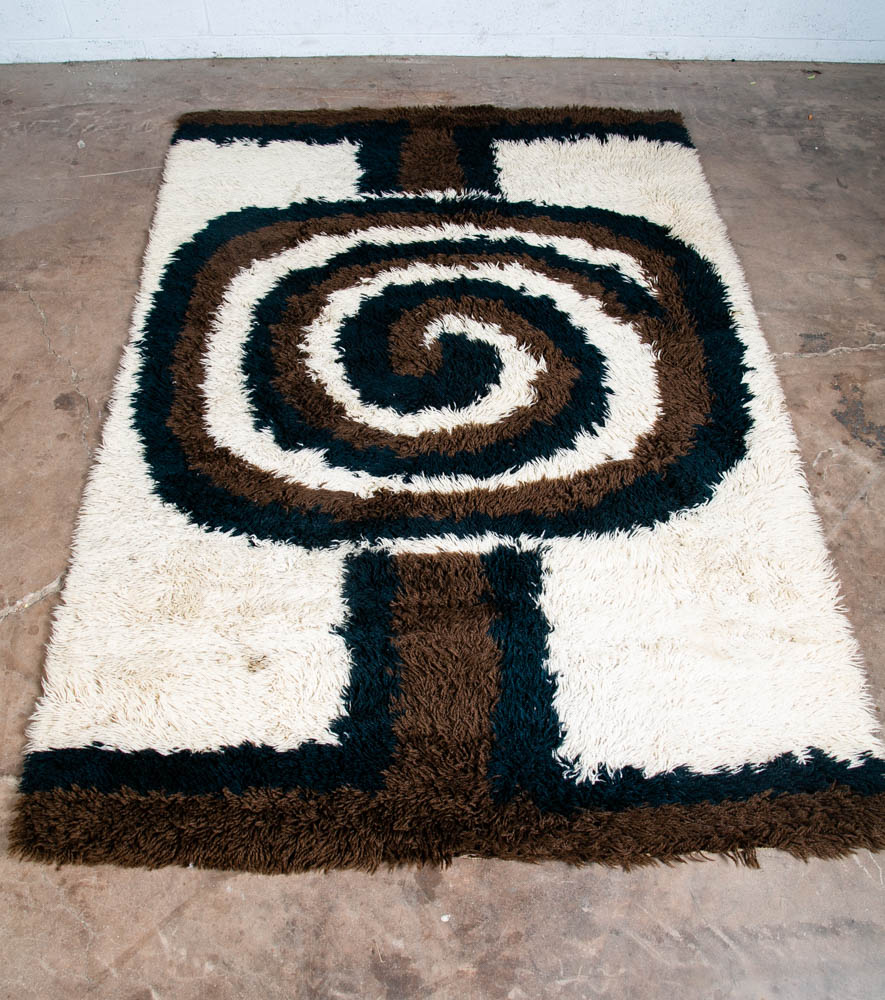 Mid Century Danish Modern Shag Rug Ege Rya 79"x55" Wool Area Brown Black White - Image 9