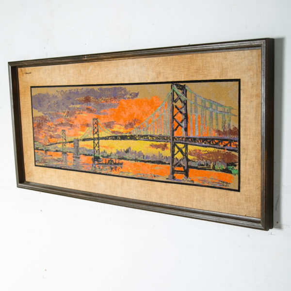 Mid Century Modern Wall Art Hanging Framed Bay Bridge Bright Colorful Orange Mcm - Image 2