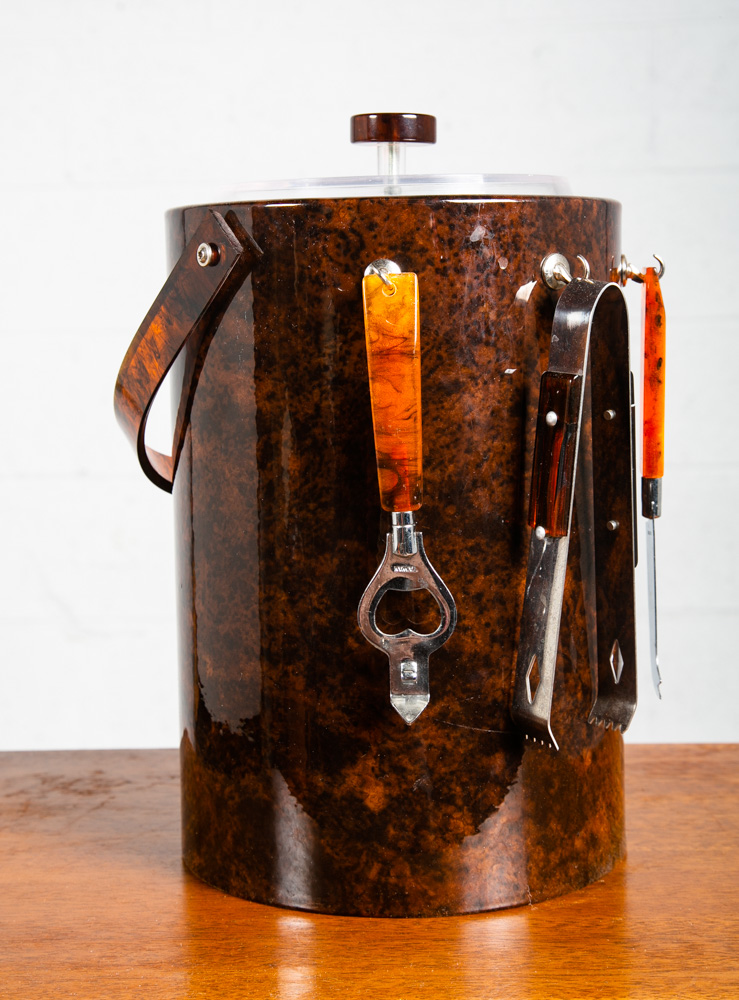 Mid Century Modern Ice Bucket Brown Tongs Knife Opener Lidded Vintage Handle Mcm - Image 12