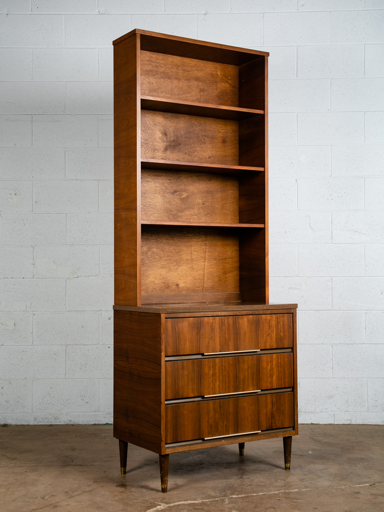 Mid Century Modern Bookshelf Cabinet Walnut 2 piece 3 drawer Vintage Storage Mcm - Image 4