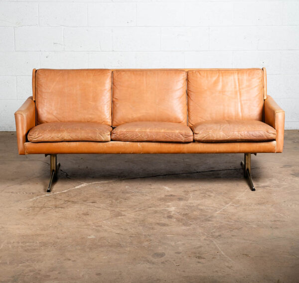 Mid Century Danish Modern Leather Sofa Couch 3 Seater Tan 3 Seater Metal Legs - Image 2