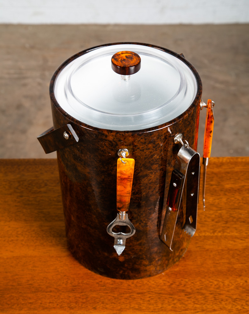 Mid Century Modern Ice Bucket Brown Tongs Knife Opener Lidded Vintage Handle Mcm - Image 2