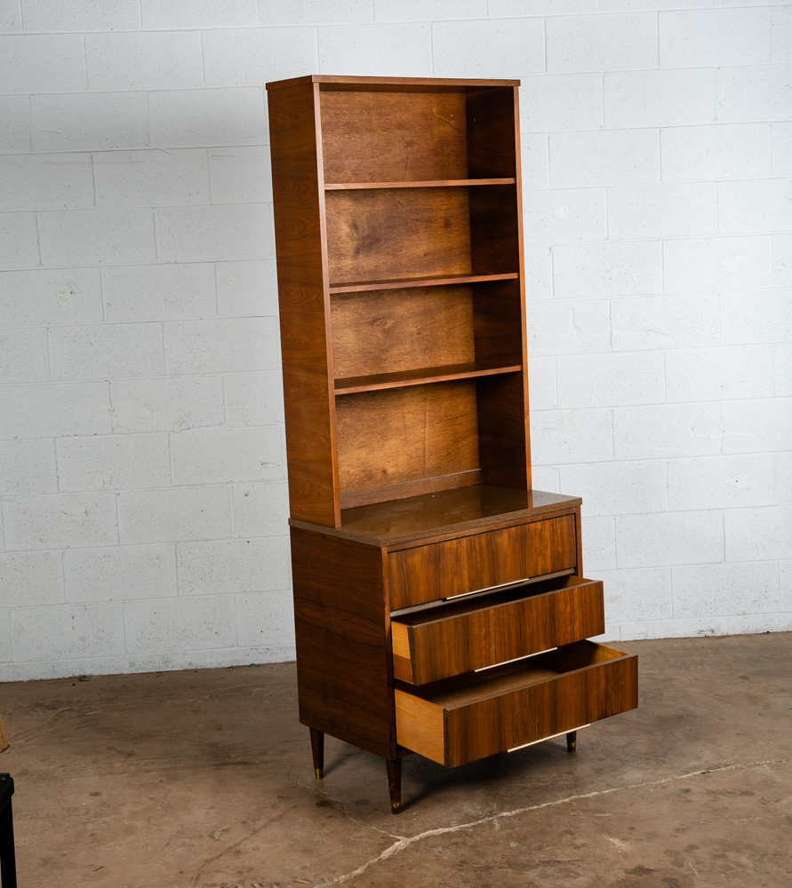 Mid Century Modern Bookshelf Cabinet Walnut 2 piece 3 drawer Vintage Storage Mcm - Image 3