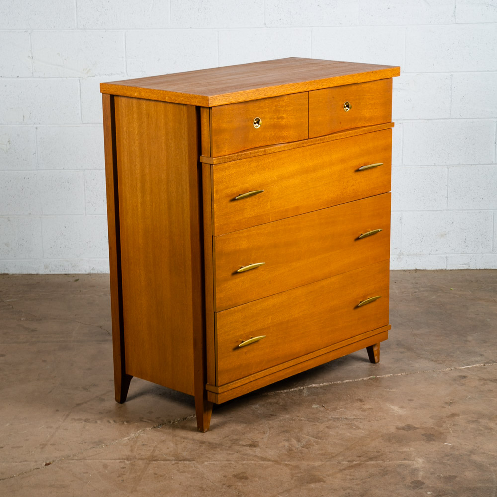 Mid Century Modern Dresser Highboy 4 Drawer Stanley Tall High Danish Brass Mcm