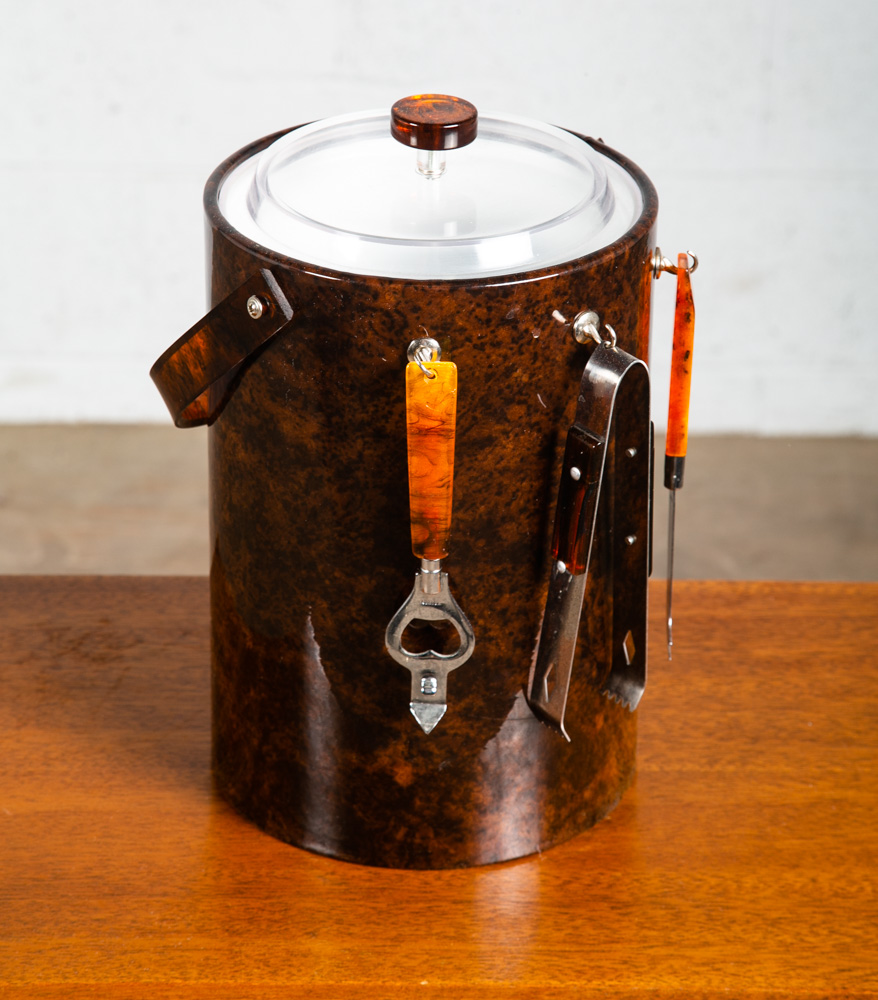 Mid Century Modern Ice Bucket Brown Tongs Knife Opener Lidded Vintage Handle Mcm - Image 8