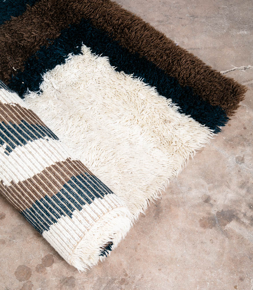 Mid Century Danish Modern Shag Rug Ege Rya 79"x55" Wool Area Brown Black White - Image 5