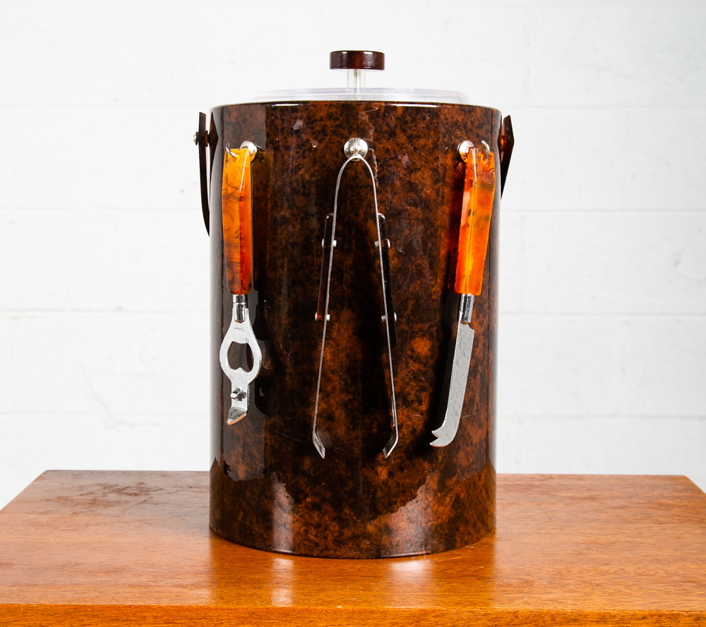 Mid Century Modern Ice Bucket Brown Tongs Knife Opener Lidded Vintage Handle Mcm - Image 6