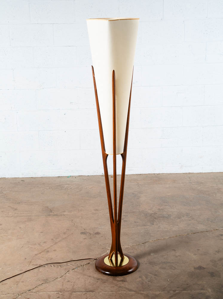 Mid Century Modern Floor Lamp John Keal Modeline Sculptural Walnut Round Tall VG