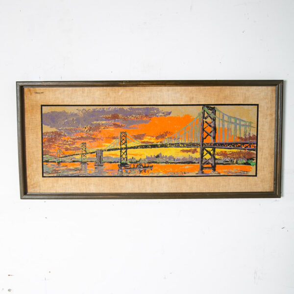 Mid Century Modern Wall Art Hanging Framed Bay Bridge Bright Colorful Orange Mcm