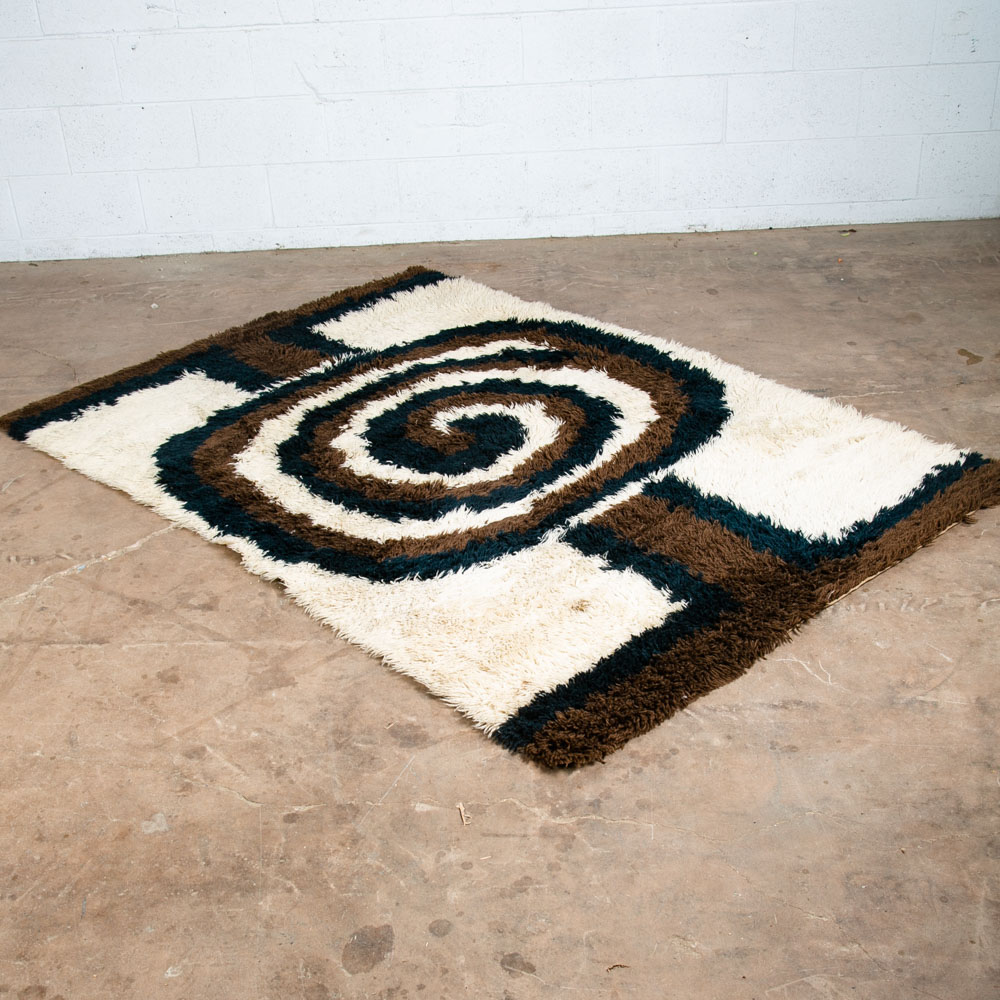 Mid Century Danish Modern Shag Rug Ege Rya 79"x55" Wool Area Brown Black White