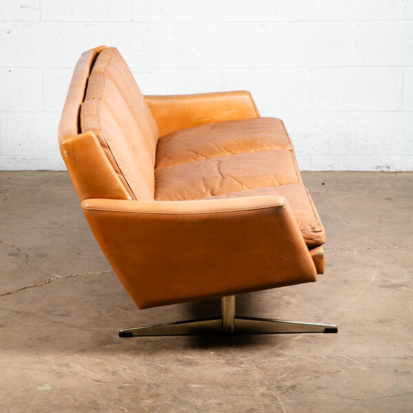 Mid Century Danish Modern Leather Sofa Couch 3 Seater Tan 3 Seater Metal Legs - Image 3