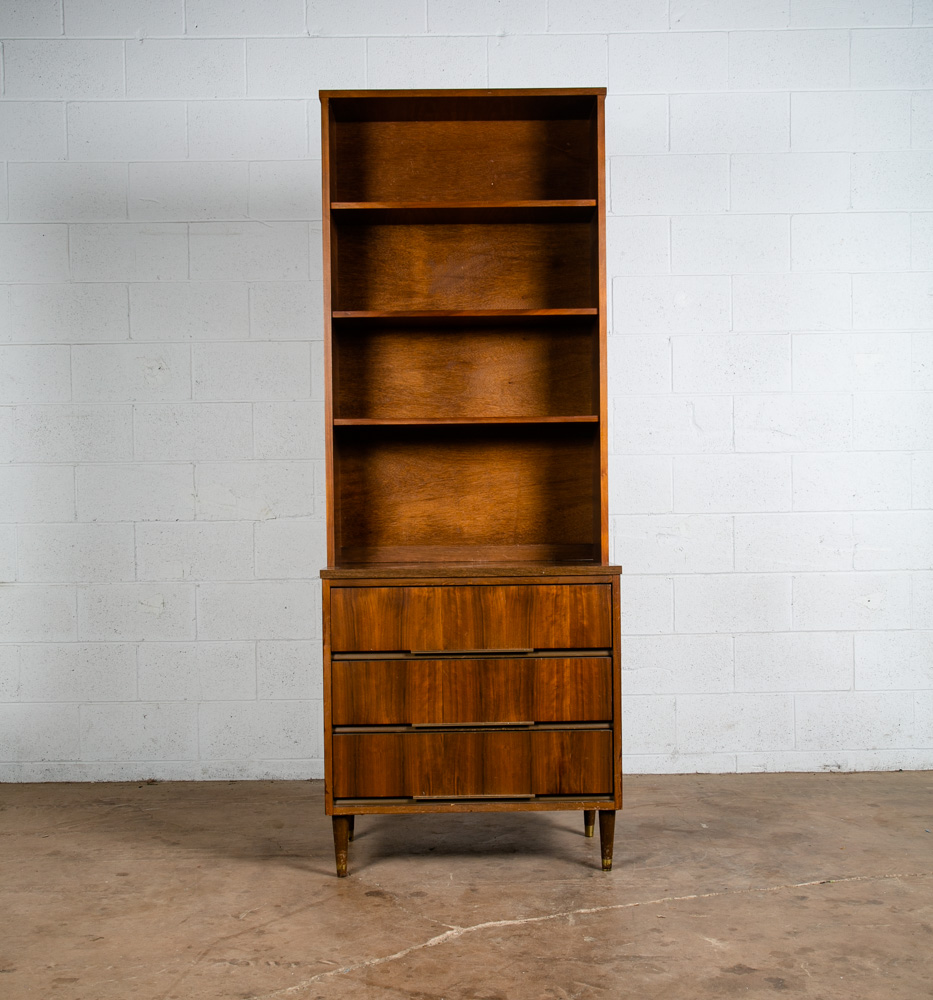 Mid Century Modern Bookshelf Cabinet Walnut 2 piece 3 drawer Vintage Storage Mcm - Image 6