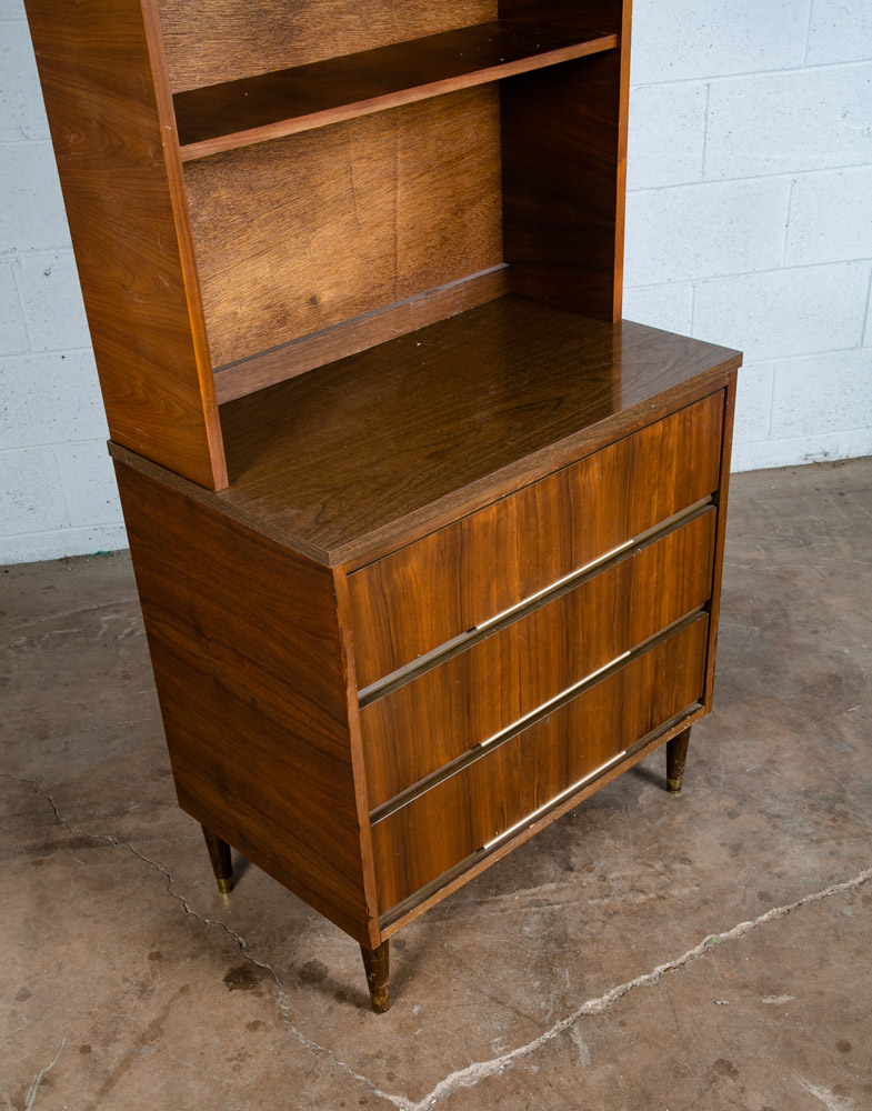 Mid Century Modern Bookshelf Cabinet Walnut 2 piece 3 drawer Vintage Storage Mcm - Image 5