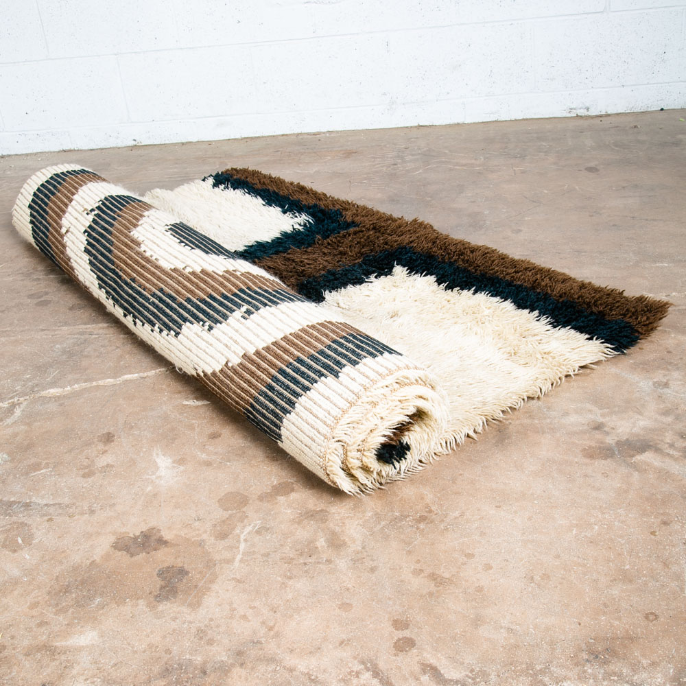 Mid Century Danish Modern Shag Rug Ege Rya 79"x55" Wool Area Brown Black White - Image 4