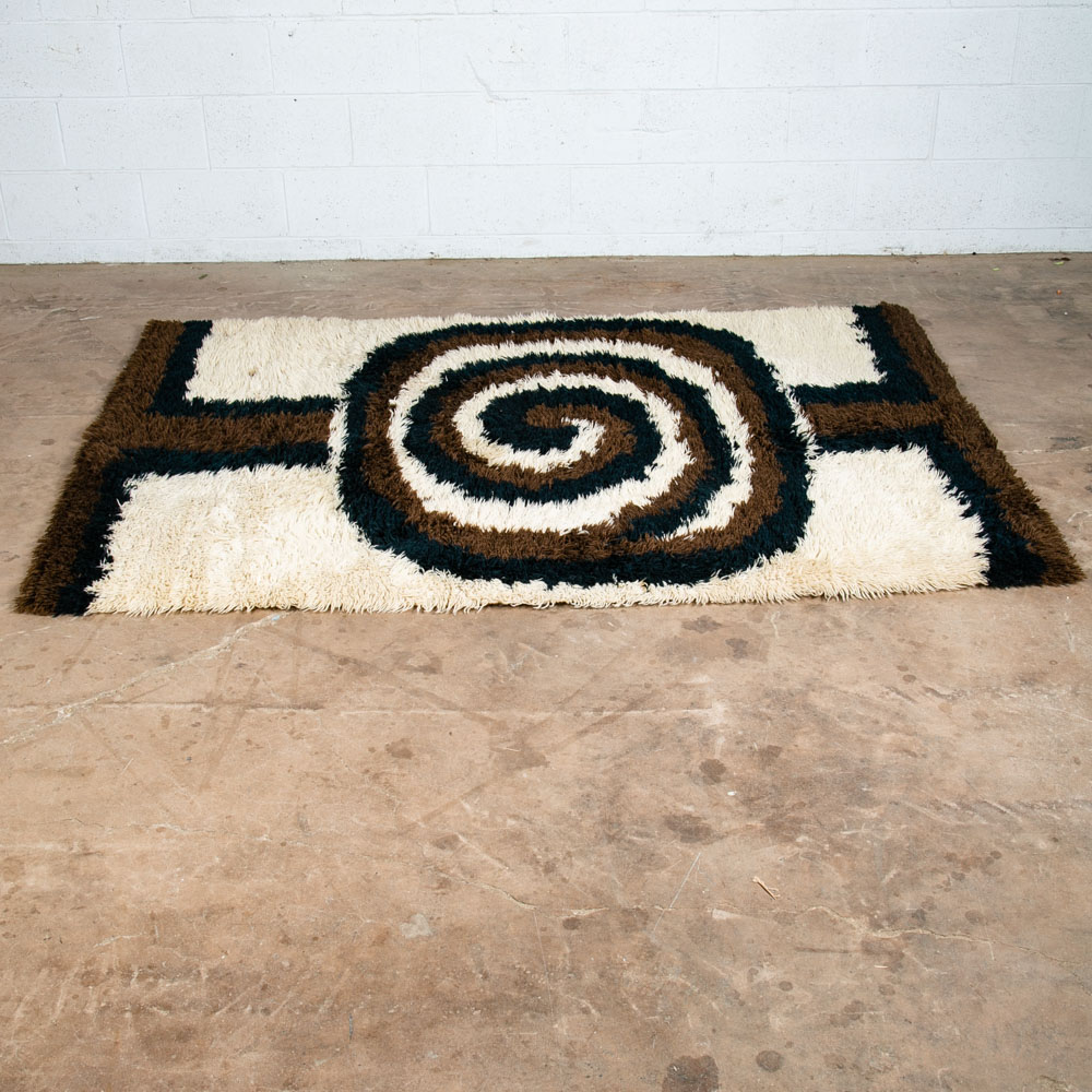 Mid Century Danish Modern Shag Rug Ege Rya 79"x55" Wool Area Brown Black White - Image 3