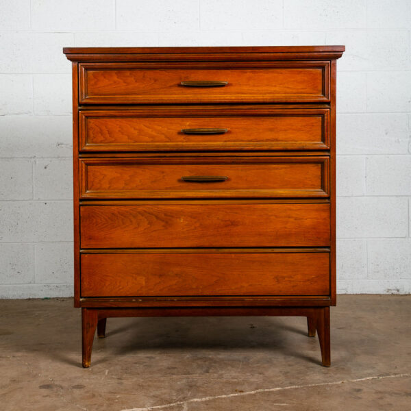 Mid Century Modern Dresser Highboy Dixie Walnut 5 Drawer Wood Brass Chest Handle - Image 3