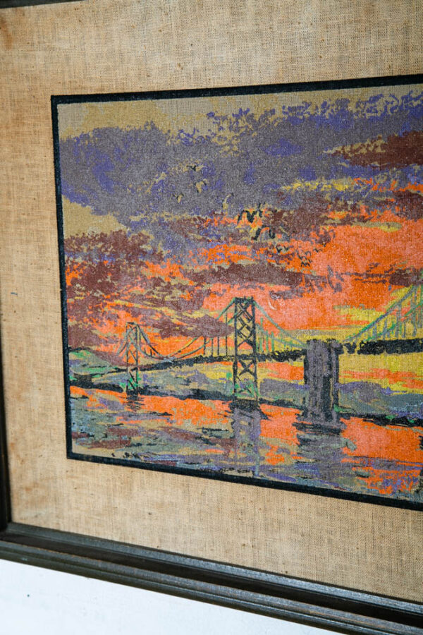 Mid Century Modern Wall Art Hanging Framed Bay Bridge Bright Colorful Orange Mcm - Image 5