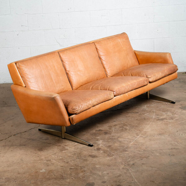Mid Century Danish Modern Leather Sofa Couch 3 Seater Tan 3 Seater Metal Legs - Image 10