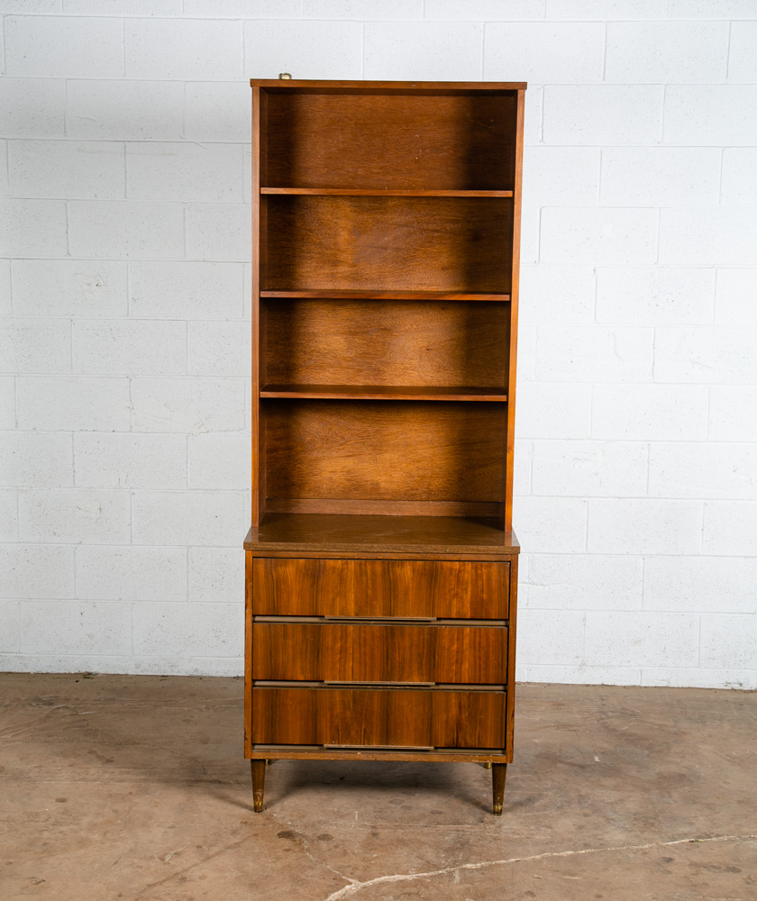Mid Century Modern Bookshelf Cabinet Walnut 2 piece 3 drawer Vintage Storage Mcm - Image 2