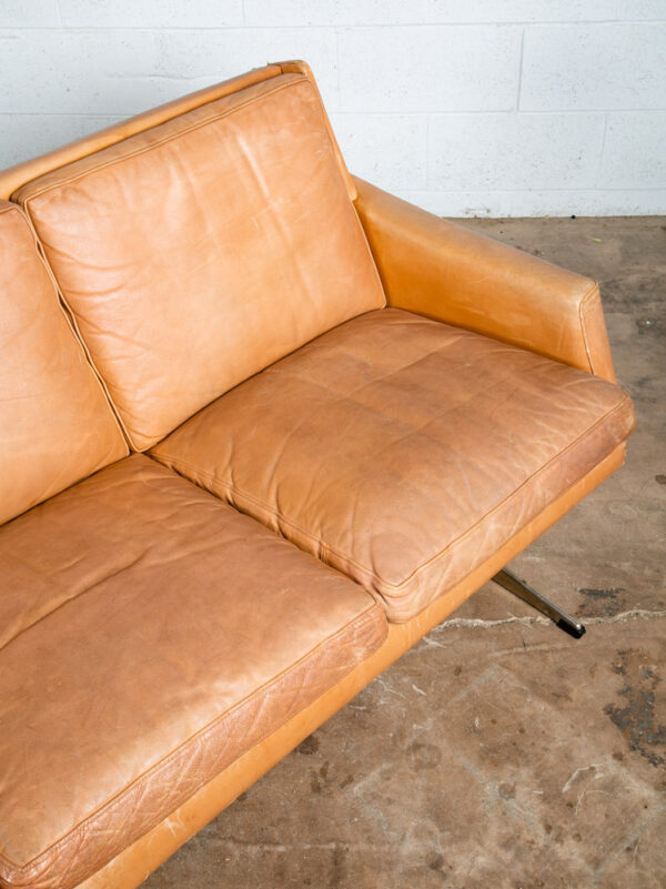 Mid Century Danish Modern Leather Sofa Couch 3 Seater Tan 3 Seater Metal Legs - Image 7