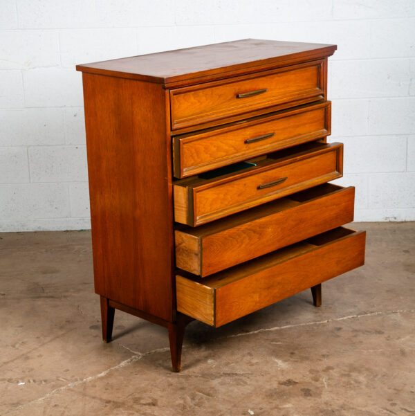 Mid Century Modern Dresser Highboy Dixie Walnut 5 Drawer Wood Brass Chest Handle - Image 2