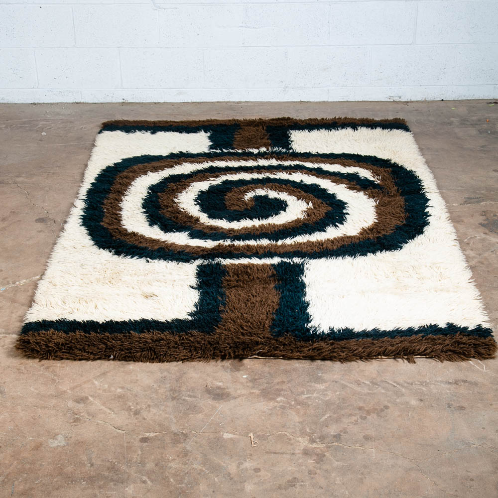 Mid Century Danish Modern Shag Rug Ege Rya 79"x55" Wool Area Brown Black White - Image 2