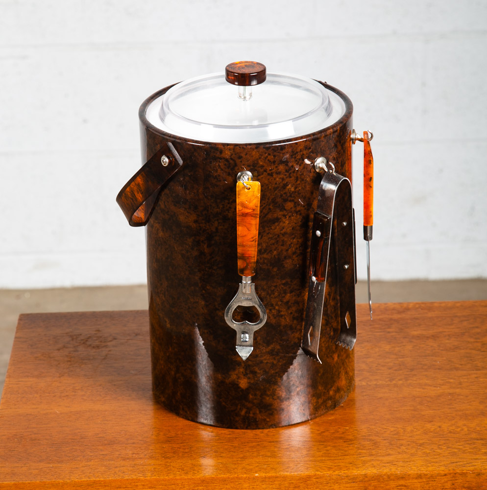 Mid Century Modern Ice Bucket Brown Tongs Knife Opener Lidded Vintage Handle Mcm