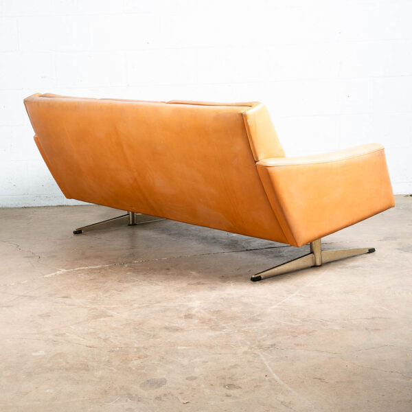 Mid Century Danish Modern Leather Sofa Couch 3 Seater Tan 3 Seater Metal Legs - Image 4