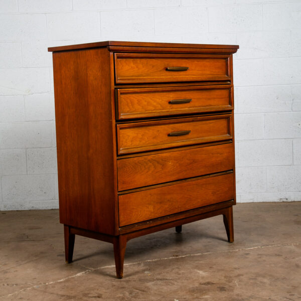 Mid Century Modern Dresser Highboy Dixie Walnut 5 Drawer Wood Brass Chest Handle - Image 7