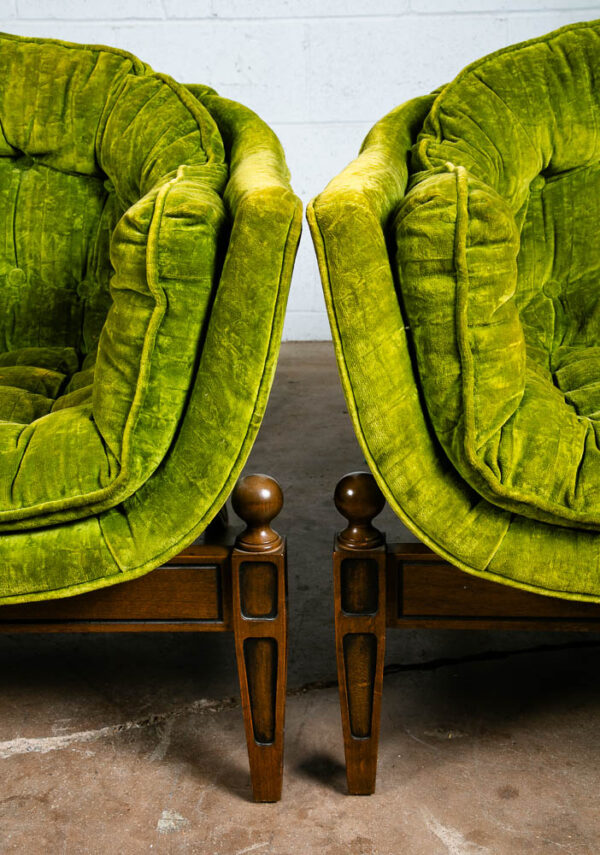 Mid Century Modern Lounge Chairs Pair Armchair Set Green Tufted Crushed Velvet - Image 10