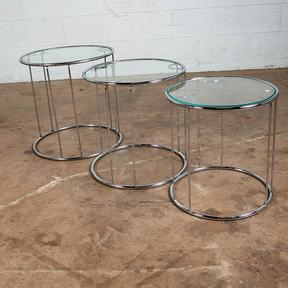 Mid Centurn Modern Nesting Tables Glass Round Set 3 Chrome Vintage 1970s Silver - Image 9