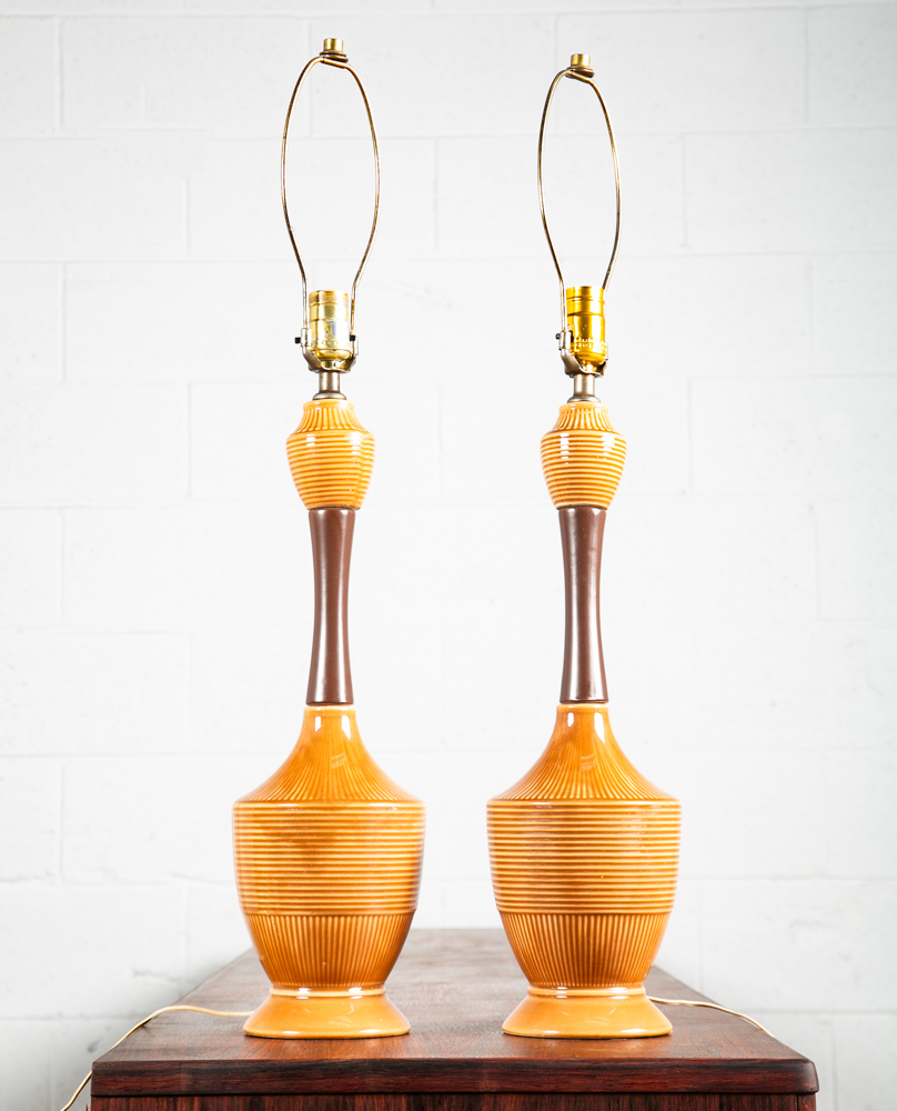 Mid Century Modern Lamp Set Table Light lighting Ceramic Brown Yellow Work Mcm - Image 2
