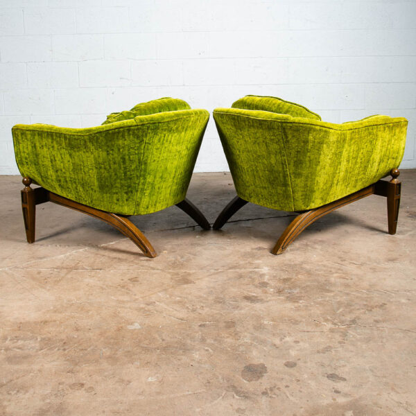 Mid Century Modern Lounge Chairs Pair Armchair Set Green Tufted Crushed Velvet - Image 3